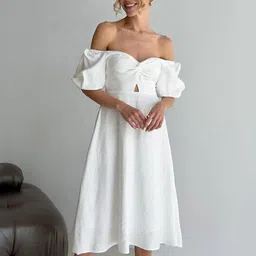 bebe White Off-Shoulder Twist Front A-Line Midi Dress image 4