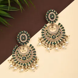 Anvik Gold-Plated Artificial Stones Studded And Beaded Circular Shaped Drop Earrings-picture-18