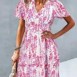 Outzidr Pink V Neck Flutter Sleeves Dress image 1