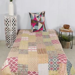 HANDICRAFT PALACE Beige & Red Kantha Patchwork SingleBed Cover-picture-38
