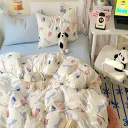 JC HOME Blue & Cream Quirky Printed AC Room Double Queen Bedding Set image 2