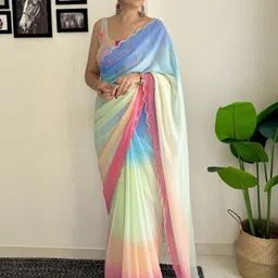 LeeliPeeri Designer Ombre Embroidered Pure Georgette Saree-image-10