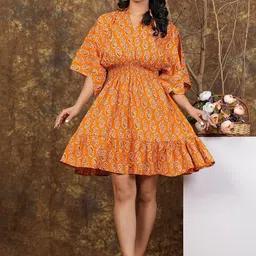 HEBA Women Ethnic Motifs Printed Gathered or Pleated Kimono Sleeve Kaftan Above Knee Dress-picture-10