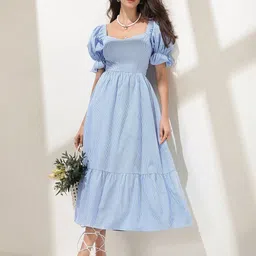 SHEETAL Associates Checked Puff Sleeve Fit & Flare Midi Dress-image-88