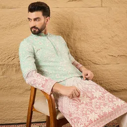 House of Pataudi Men Ethnic Motif Embroidered Regular Chikankari Straight Kurta image 5