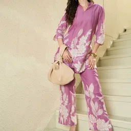 IMANA Floral Printed Pure Cotton Mandarin Collar-Neck Top With Trousers Co-Ords-picture-15