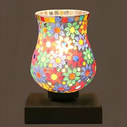 Aura White & Blue Printed Wooden Bell Shaped Table Lamp With Square Base image 4