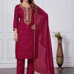 YAMUNE Women Ethnic Motifs Embroidered Regular Pure Cotton Kurta with Trousers & With Dupatta-image-5