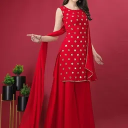 PARROT CREATION Geometric Embroidered Sequinned Georgette Kurti with Sharara And Dupatta-picture-7