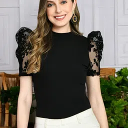 CORSICA Women Black Solid Polyester Puff Sleeve Top-image-15