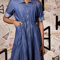 ECHKE Women Shirt Collar Denim Maternity Shirt Above Knee Dress image 2