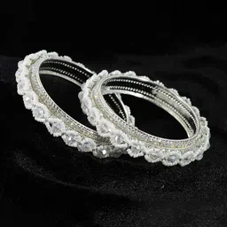 ZULKA Set of 2 White Pearls Moti & American Diamond Premium Metal Bangles-picture-16