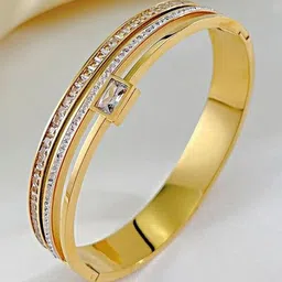 VIEN Stainless Steel Gold-Plated Artificial Stones Studded Bangle-Style Bracelet-image-96