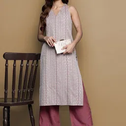 House of Pataudi Women Woven Design Straight Sleeveless Kurta & Trousers-picture-27