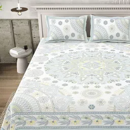 Plarsh Comfort White & Green Floral King Bedsheet with 2 Pillow Covers-picture-35