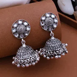 SOLIBELLE German Silver Rhodium Plated AD Studded And Ghungroo Beaded Dome Shaped Jhumkas image 2