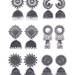 DIVASTRI Set Of 6 Silver-Plated Oxidised Dome Shaped Jhumkas-picture-32