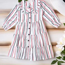 Sangria Girls Striped Printed Pure Cotton Three Quarter Puff Sleeve Fit & Flare Dress-image-77