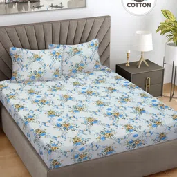Myntra Elegant Homes White & Blue Floral Cotton 300 TC Super King Bedsheet Set-2.70mX2.70m-image-44