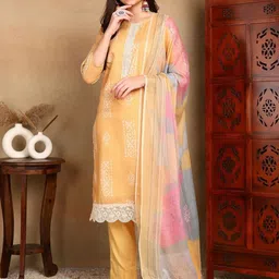 KALINI Ethnic Motifs Printed Round Neck Straight Kurta With Trousers & Dupatta-image-61