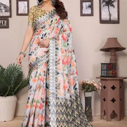 WOVENSTOCK Floral Printed Zari Pure Linen Block Print Saree With Blouse Piece-picture-35