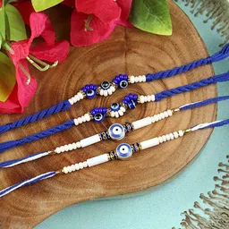 Asthetika Set Of 4 Artificial Stones Studded And Beaded Evil Eye Rakhis With Roli Chawal-picture-19