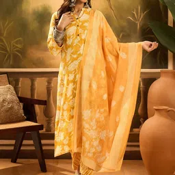 Sangria Floral Printed Mandarin Collar Straight Kurta With Trousers And Dupatta-picture-35