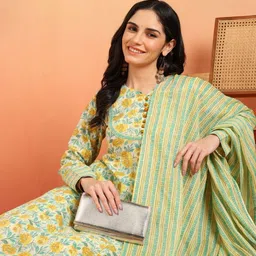 KALINI Women Floral Printed Regular Pure Cotton Kurta with Trousers & With Dupatta image 5