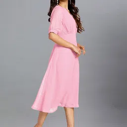 Janasya Polyester Puff Sleeve A-Line Midi Dress image 3