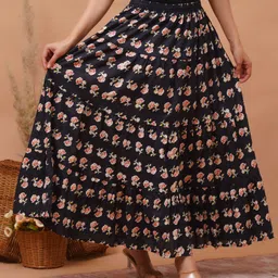 gs creation Women Floral Print Flared Black Skirt image 4