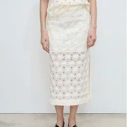 MANGO Floral Open Work Textured Straight Midi Skirt-picture-4