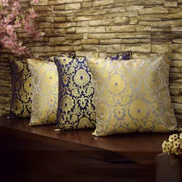 RoyalDeco Blue & Gold-Toned 4 Pieces Embroidered Square Cushion Covers image 1