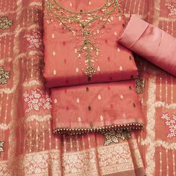 RUDRAA FAB Floral Woven Design Beads and Stones Jaquard Unstitched Dress Material image 3