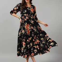 Raiyani Fashion Women Floral Printed V-Neck Tiered Fit & Flare Dress-image-29