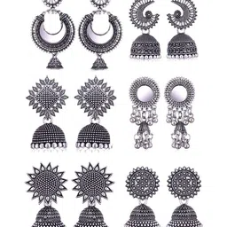 Sangria Women Set Of 6 Silver Plated Oxidised Jhumka Earrings-image-12