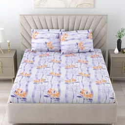 BOMBAY DYEING Purple & White Floral 144 TC Queen Bedsheet with 2 Pillow Covers image 1