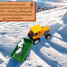 neoinsta shopping Medium size plastic body freely moving farm tractor with a trailer and 2 cows image 3