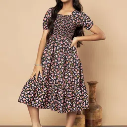 ZWERLON Floral Print Puff Sleeve A-Line Midi Dress-picture-16