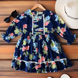 Bella Moda Girls Floral Printed Puff Sleeves Fit & Flare Knee Length Dress-image-41