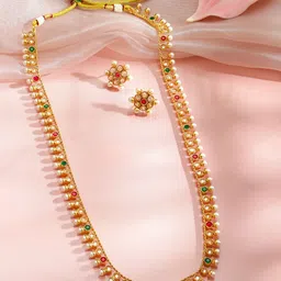 Rubans 22K Gold-Plated Copper Red, Green & White Kundan Stones with White Pearl Drops image 3