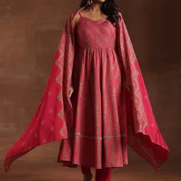 Libas Bandhani Printed Pleated Shoulder Straps Anarkali Kurta With Trouser & Dupatta-image-89