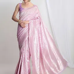 Janasya Lavender Leaf Motifs Woven Design Banarasi Saree with Blouse Piece image 5