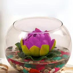 TIED RIBBONS Transparent & Purple Round Glass Vase With Lotus Flower image 2