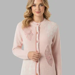 Gouri Women Embroidered Round Neck Woollen Cardigan Sweater-picture-10