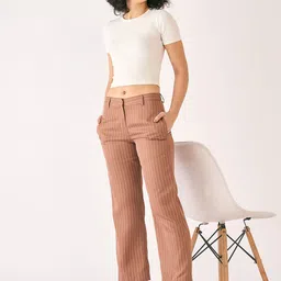 SALT ATTIRE Women Striped Smart Straight Fit Trousers image 5
