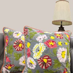 Good Vibes Grey & Green Set of 2 Embroidered Square Cushion Covers-picture-38