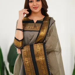 Shriyangan Women Ethnic Motifs Woven Design Zari Cotton Kurta with Dupatta image 2