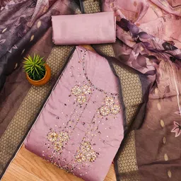 SHADOW & SAINING Floral Embroidered Beads Work Roman Silk Unstitched Dress Material-picture-19