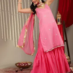 KALINI Ethnic Motifs Embroidered Empire Sequinned V-Neck Kurta with Sharara & Dupatta-picture-26