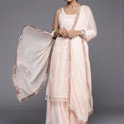 KALINI Floral Embroidered Sequinned Net Kurta With Sharara & Dupatta-image-0